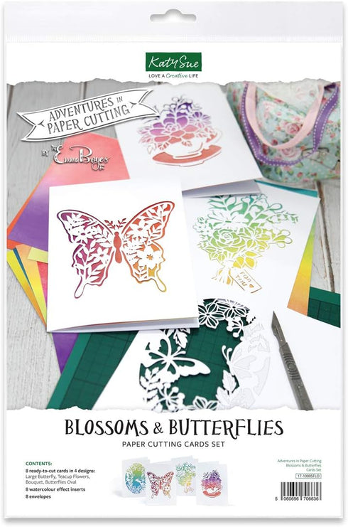 Katy Sue Adventures in Paper Cutting | Blossoms & Butterflies Cards Set | Four Stunning Ready to Cut Designs | Designed by Emma Boyes...