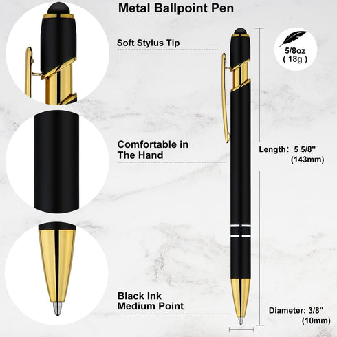 12 Pack Black Gold Ballpoint Pen with Stylus Tip, 1.0 mm Black Ink Smooth Writing Pens, Metal Stylus Pens for Touch Screens......