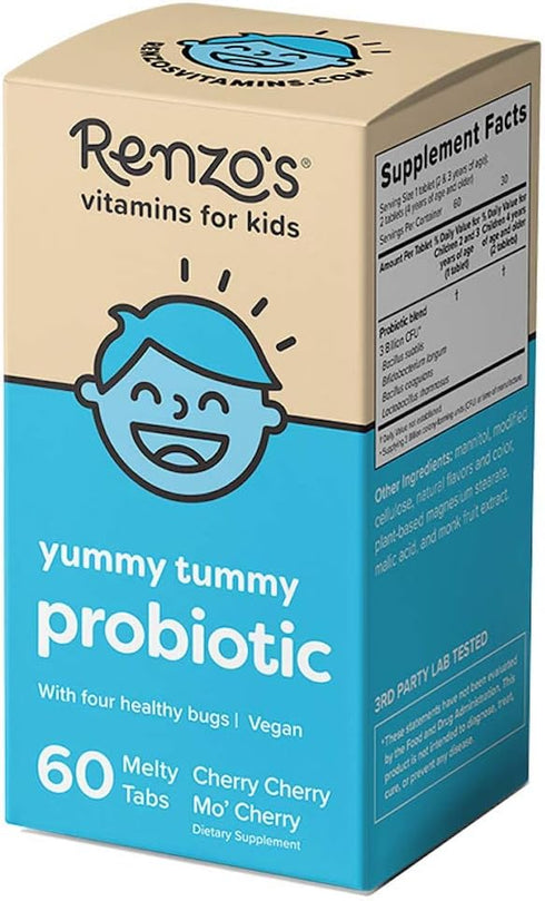 Renzo's Kids Probiotic - Dissolvable Probiotics for Digestive Health & Immune Support - 60 Cherry-Flavored Melty Tabs...