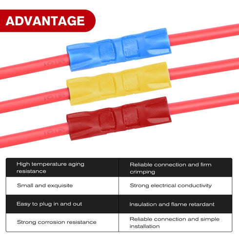 Nilight 200PCS Electrical Butt Connectors AWG 22-10 Insulated Electrical Wire Crimp Connectors Butt Splice Crimp Connectors Blue Red Yellow for Au...
