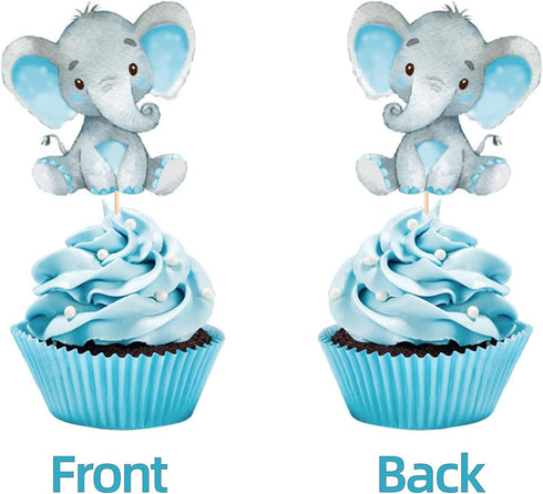 Double Sided Blue Baby Elephant Cupcake Toppers Birthday Party or Baby Shower Food Picks Decor and Party Supplies,Set of 24...