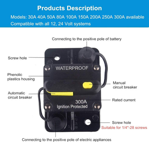 300 Amp Circuit Breaker DC 12V -48V Waterproof 30A-300A Manual Reset Fuse Inverter for Trolling Motor Auto Car RV Marine Boat Current Overload Pro...