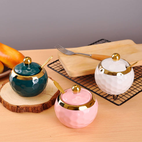 WHJY Ceramic Sugar Bowl with Lid and Spoon, Golf Design Porcelain Salt Bowl Salt Container, Modern Spice Box Seasoning Jar for Home and Kitchen Co...