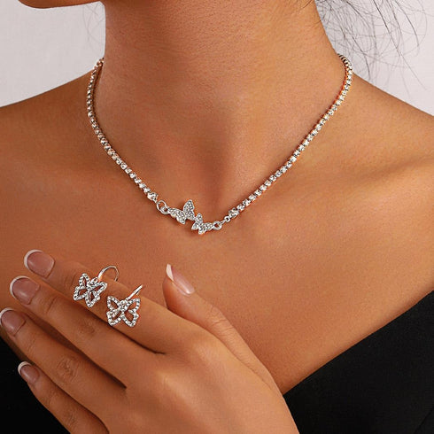 Rhinestone Butterfly Jewelry Set Silver Sparkly Crystal Necklace Chain with Bracelets and Earrings for Women(3PCS)...