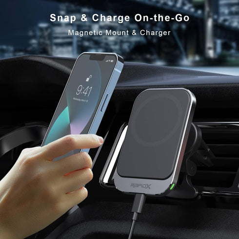 RapidX Dashio MW1 Car Vent Mount & Magnetic Wireless Charger Pad, up to 15W, for iPhone 15/14/13/12 & Newer, or Other iPhone/Android with Magnetic...