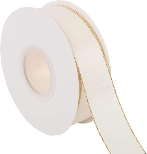 ITIsparkle 1" Inch Double Faced Satin Ribbon 25 Yards with Gold Edges, 1" X 25Yd - Ivory...