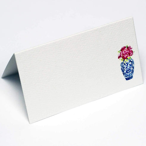 Nancy Nikko Place Cards with Blue and White Ginger Jar with Pink Flowers for Weddings, Showers, and Dinner Parties. Table Tent Style, Scored for E...