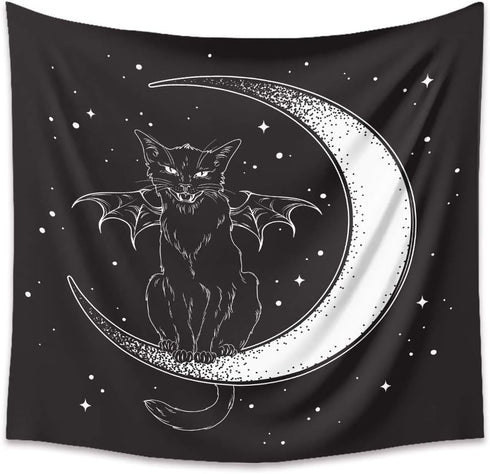 DYRLHZ Black and White Wing Cat on Moon Tapestry, Creepy Hippie Spooky Monster Wall Hanging Tapestry, for Living Room Bedroom Home Decor (59'' x 7...
