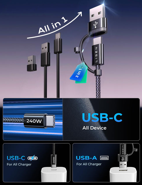 LISEN 240W 3.3+6.6ft USB A/C to USB-C Cable USB C Cable for MacBook Pro Charger Cable iPad Charger USB C Type C Charger Cable Fast Charging Cable ...