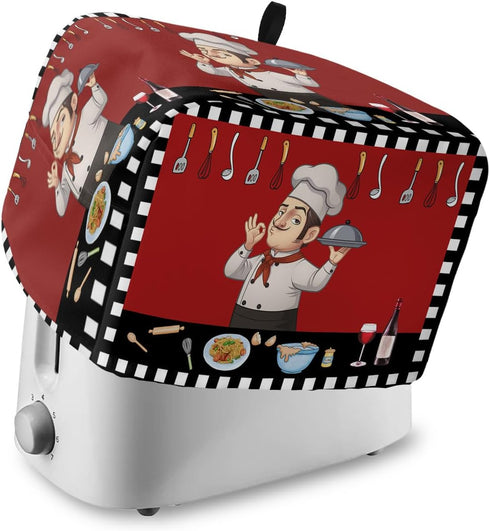 Toaster Cover 2 Slice, Chef Kitchen Knife Fork Black and White Buffalo Plaid Bread Maker Cover Toaster Dust Cover with Pockets, Dust-Proof Cover f...