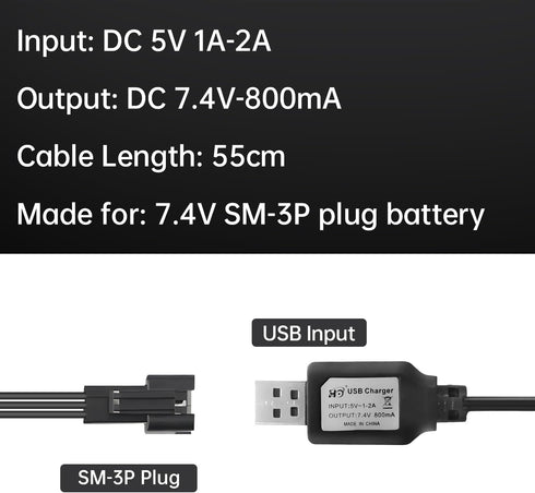 2PCS 7.4V 800mh USB Charging Cable with SM-3P Plug Connector for RC Excavator, Truck, Tank,Huina 1575 RC Engineering Vehicle,DE43 DE60 RC Toy Car,...