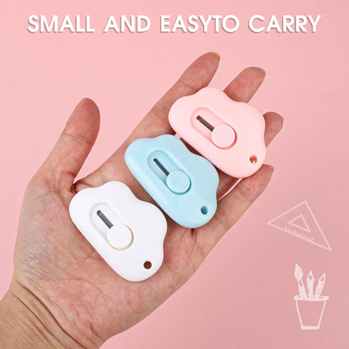 Cute Retractable Box Cutter Cloud Shaped Mini Box Cutters Utility Knives Art Cutter Package Opener Tool for Office, Home, DIY Crafts (Blue&White&P...