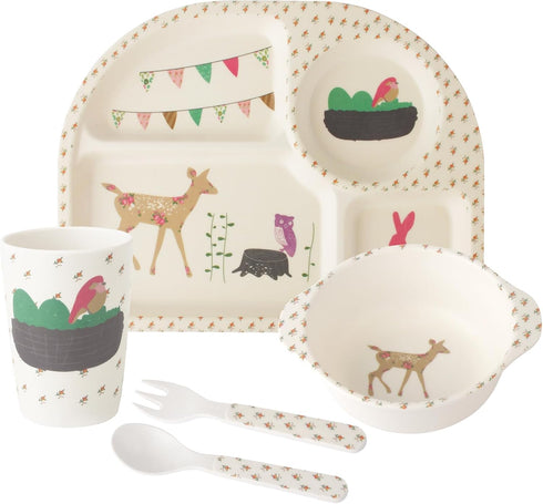 Bamboo Toddler Dinnerware Set,5Pcs Kids Dinnerware Set,Bamboo Kids Plates and Bowls Set,Kids Dishes Dinnerware Sets with Plate,Bowl,Cup,Fork and S...