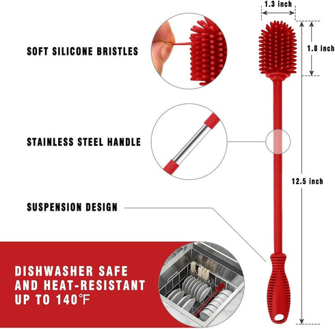 Silicone Bottle Cleaning Brush with Long Handle, BPA Free 12.5" Water Bottle Cleaner for Baby Bottles, Hydro Flask, Sports Bottle, Vase, Glassware...