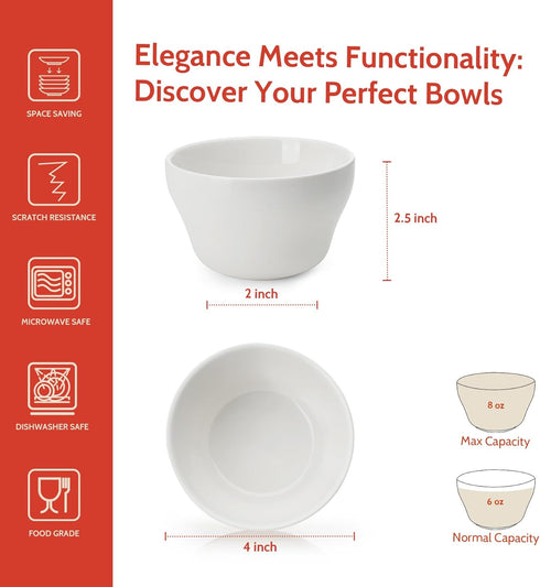 Sweese Porcelain Bouillon Cups, 8 Ounce Small Dessert Bowls, Soup Dipping Sauce Bowls Set of 6, Microwave and Dishwasher Safe, White....