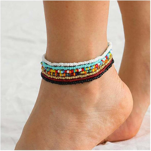 Boho Handmade Beaded African Anklets Multicolor Women Stretch Seed Beads Rainbow Ankle Bracelets Glass Bead Bracelet Elastic Foot and Hand Chain J...