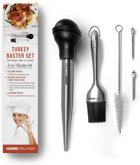 Liquid Solution Turkey Baster 5 Piece Set, Includes Baster for Cooking, Barbecue Basting Brush, Flavor Injector with Cleaning Brush - Perfect for ...