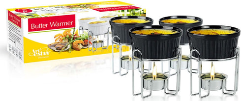 Artestia Butter Warmers Set, 4-Piece Ceramic Butter Warmer with Tea Light Candles, Crab Boil Party Supplies - Dishwasher, Microwave, Oven Safe (Bl...