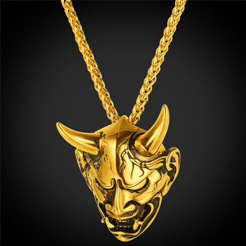 U7 Hannya Mask Necklace, Mens Gothic Punk Pendant, Stainless Steel Silver Black Personalized Evil Demon Horn Jewelry Oni Necklaces with 22 Inch Ch...