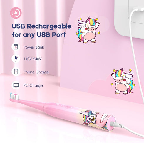 DADA-TECH Kids Electric Toothbrush Rechargeable, Soft Unicorn Tooth Brush with Timer Powered by Sonic Technology for Children Boys and Girls Age 3...