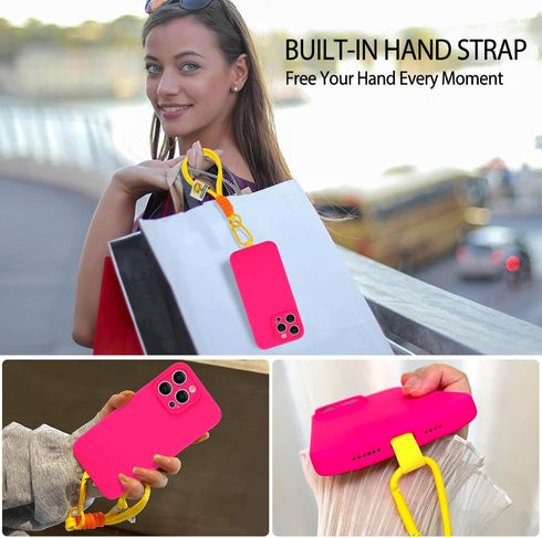 Silicone Phone Case Compatible with iPhone 15 Pro Max Case, Neon Pink Silicone Sling Wristband Phone Case, Liquid Silicone with Anti-Scratch Micro...