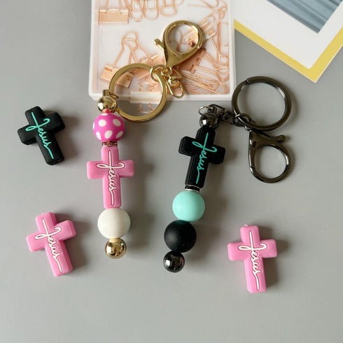 Silicone Focal Beads Rubber Beads Kit Bulk for Beadable Pens Keychain Jewelry Making DIY Keychain Supplies Focal Pen Beads (Cross 32pcs), Small...