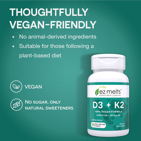 EZ Melts Dissolvable Vitamin D3 K2 5,000 IU, Bone & Joint Support, Sugar-Free, 3-Month Supply...
