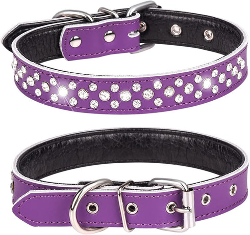 Rhinestones Dog Collar, Adjustable Sparkly Crystal Studded Genuine Leather Pet Dog Collar for Small and Medium Dogs (S, Purple)...