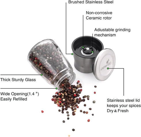 Pepper Grinder or Pepper Mill, Manual Salt Grinder Refillable with Adjustable Coarseness, Black Pepper Grinder Made of Stainless Steel, Himalayan ...