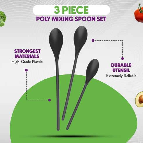 Crisp 3 Piece Poly Mixing Spoon Set - Plastic, Durable Kitchenware, Dishwasher Safe - Made in the USA - Black...
