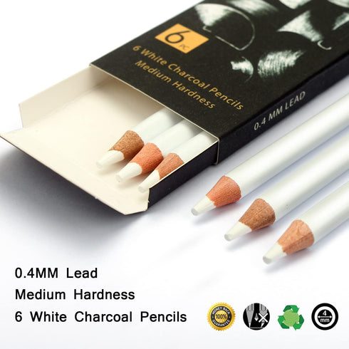 White Charcoal Pencils Drawing Set, Professional 6-Piece Sketch, Highlight, Shading, Blending Set for Beginners & Artists...