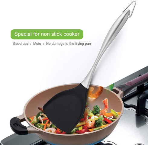 Honglida Premium Silicone Wok Turner BPA Free 600ºF Spatula Stainless Steel Handle 14-1/5 Inch for Non Stick Cookware (Black)...