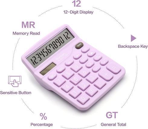 2PC Purple Calculator, Basic Office Calculator, Desktop Calculator 12 Digit with Large LCD Display, Purple Office Supplies with Sensitive Button, ...