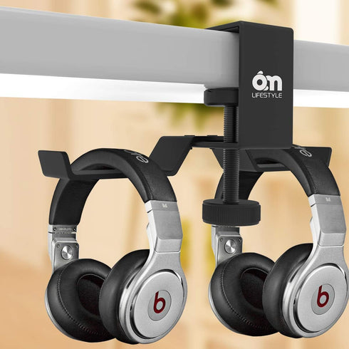 6amLifestyle Under Desk Dual Headphone Hanger, Metal Headset Stand Gaming Earphone Holder Universal Clamp on Desk Hanger Hook for All Headsets, Bl...