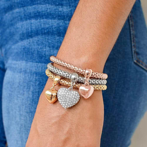 Crystal Charms Multilayer Bracelets - 3PCS Gold/Silver/Rose Gold Corn Chain Bracelet for Women, Tree of Life Heart Shaped Stretch Bracelet...