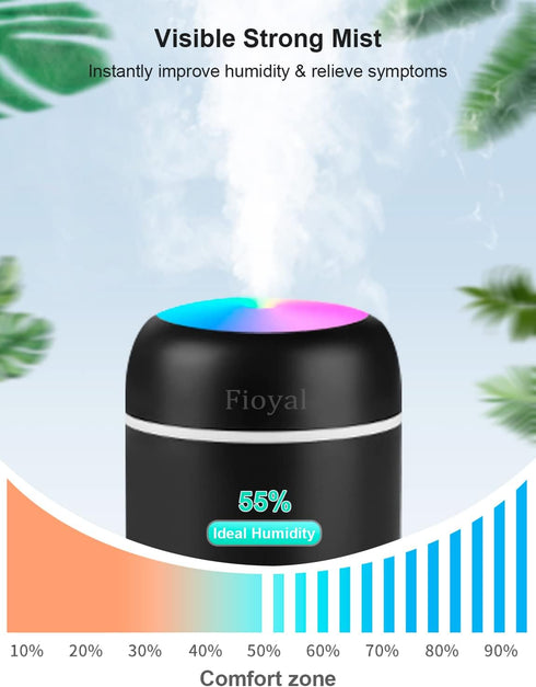 Portable Mini Humidifier, Fioyal RGB Light Small Humidifiers for Bedroom, Car, Desktop, 2 Cool Mist Modes, Quiet(300ML, Black)...