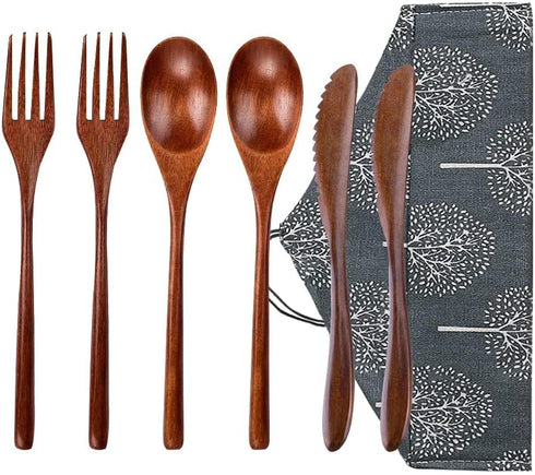 Wooden Spoon Fork Knife Eating Flatware Set Portable Utensil Set with Case, Reusable Wooden Cutlery Travel Utensils Set, 2 Spoons and 2 Forks and ...