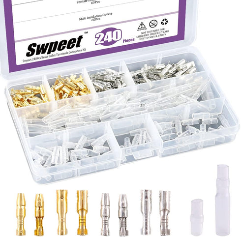 Swpeet 240Pcs Bullet Connectors Kit, 3.9mm Brass Bullet Male & Female Wire Terminals Connector with Insulation Cover for Motorcycle Scooter Car Tr...