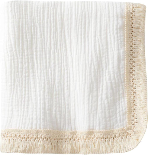 Cotton Muslin Baby Blanket with Tassel?Large 47" x 47" Baby Receiving Blanket with Fringe, Boho Muslin Swaddle Blanket with Fringe, Nursery Decor ...