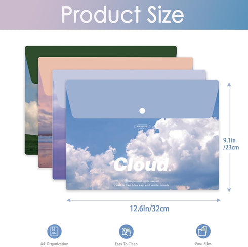 4-Pack A4 Letter Size Plastic Envelopes with Snap Closure - Durable File Folders for Storing Test Items and Stationery...
