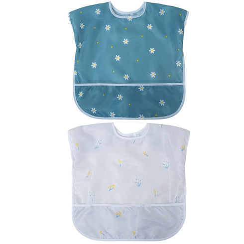 Little Dimsum Toddler Feeding Smocks Baby Waterproof Bib with Crumb Catcher Pocket Short Sleeve Adjustable Baby Bib, Pack of 2 Colors Flower Sets...
