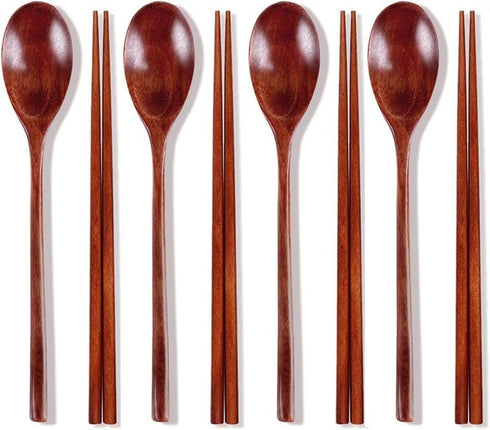 Ecloud Shop Wooden Chopsticks Spoon Set Korean Dinnerware Reusable Long Handle Spoons Chopsticks for Home Kitchen Restaurant (4 Sets)...