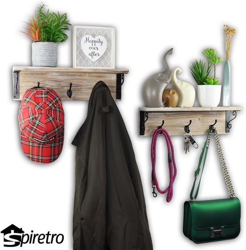 Spiretro Wall-Mounted Coat Hook Rack with Shelf - Set of 2 - Rustic Wood Grey - Entryway Mudroom Bathroom Organizer...