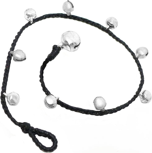 Handmade Silver-Tone Tiny Bells Black Cord Station Anklet Bracelet 10 Inches (AkSP12)...
