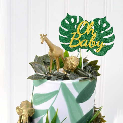 MATTTIME Tropical Baby Cake Topper Jungle Safari Baby Shower Decoration Monstera Leaf Green Gold Glitter Boy Girl Gender Reveal Supplies...