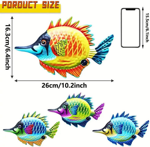 HHgrowe Metal fish art wall decor ocean beach swimming pool garden decoration indoor and outdoor home hanging decoration Sculpture Statue 4PC...