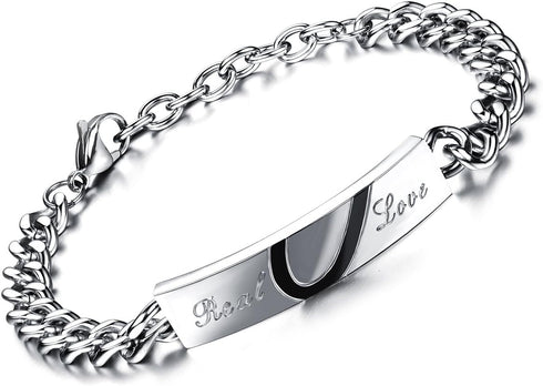 Flongo Men's Womens 2PCS Real Love Stainless Steel Couples Matching Heart Link Wrist Valentine Love Engagement Promise Gift Bracelet...