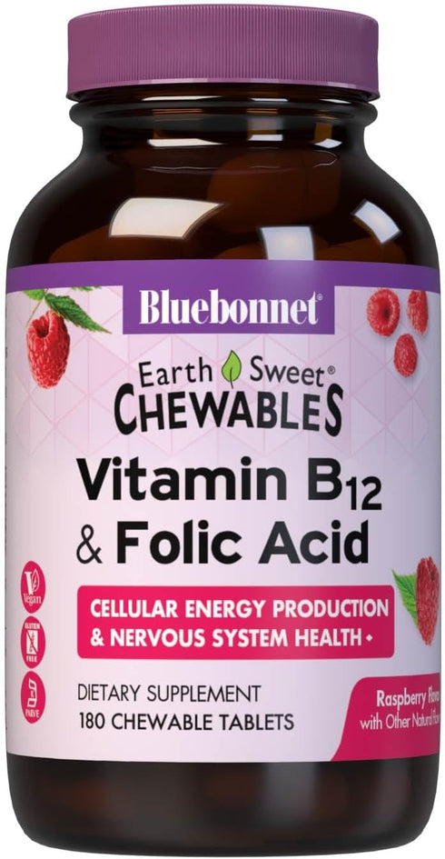 Bluebonnet Nutrition Earth Sweet Vitamin B12 1000 mcg & Folic Acid 400mcg Brain Health & Energy* Vitamins for Women & Men - Vegan, Gluten-Free Ras...