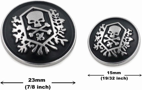 Bezelry Skull Emblem Matte Silver Black Metal Shank Double Blazer Button Set. 6 Pcs of 23mm, 8 Pcs of 15mm...