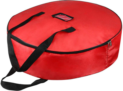 TQS Large Christmas Wreath Storage Bag - 30 Inch, Red, Cotton, Zipper Closure, Reinforced Handles, Double Zippers, Clear Card Slot, Ideal for Chri...